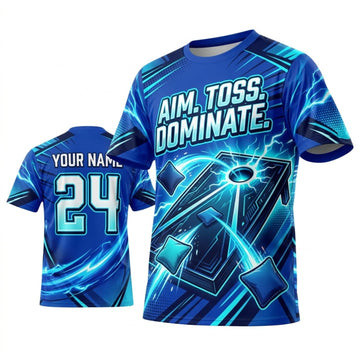 Maxcorners Cornhole Aim Toss Dominate Electric Blue Personalized Name 3D Unisex Shirt