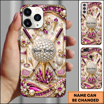Maxcorners Golf Luxury 3D Rhinestone Club and Ball Motif Pink Personalized Phone Case