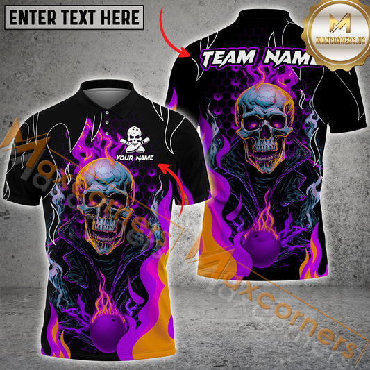 Maxcorners Skull Ball Flame Bowling Jersey Multicolor Option Customized Name, Team Name 3D Polo Shirt
