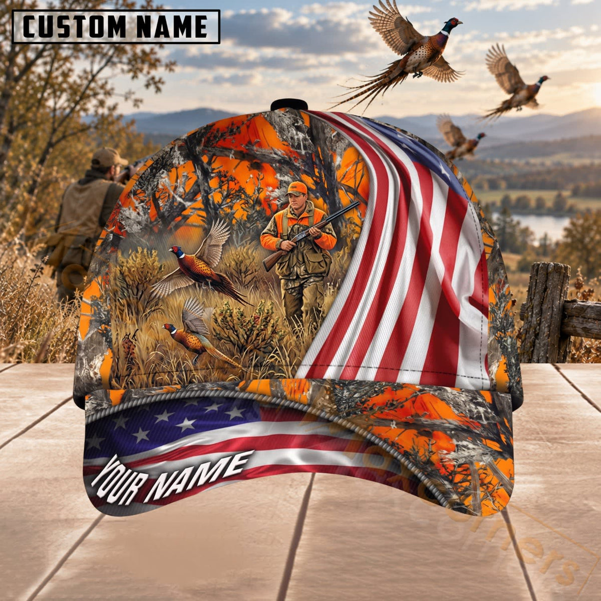 Maxcorners Upland Bird Hunting Blaze Orange American Flag Camo Personalized Name 3D Cap
