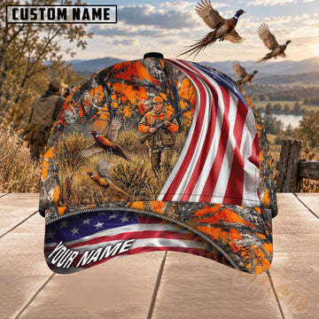 Maxcorners Upland Bird Hunting Blaze Orange American Flag Camo Personalized Name 3D Cap