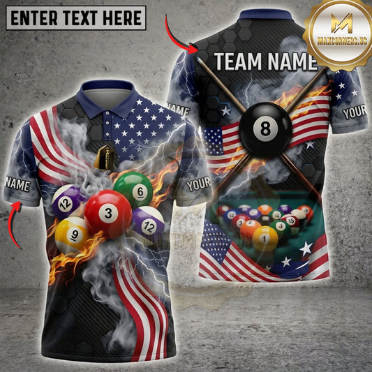 Maxcorners Billiards American Flag Colorful Pool Balls And Patriotic Stripes Personalized Name 3D Unisex Shirt