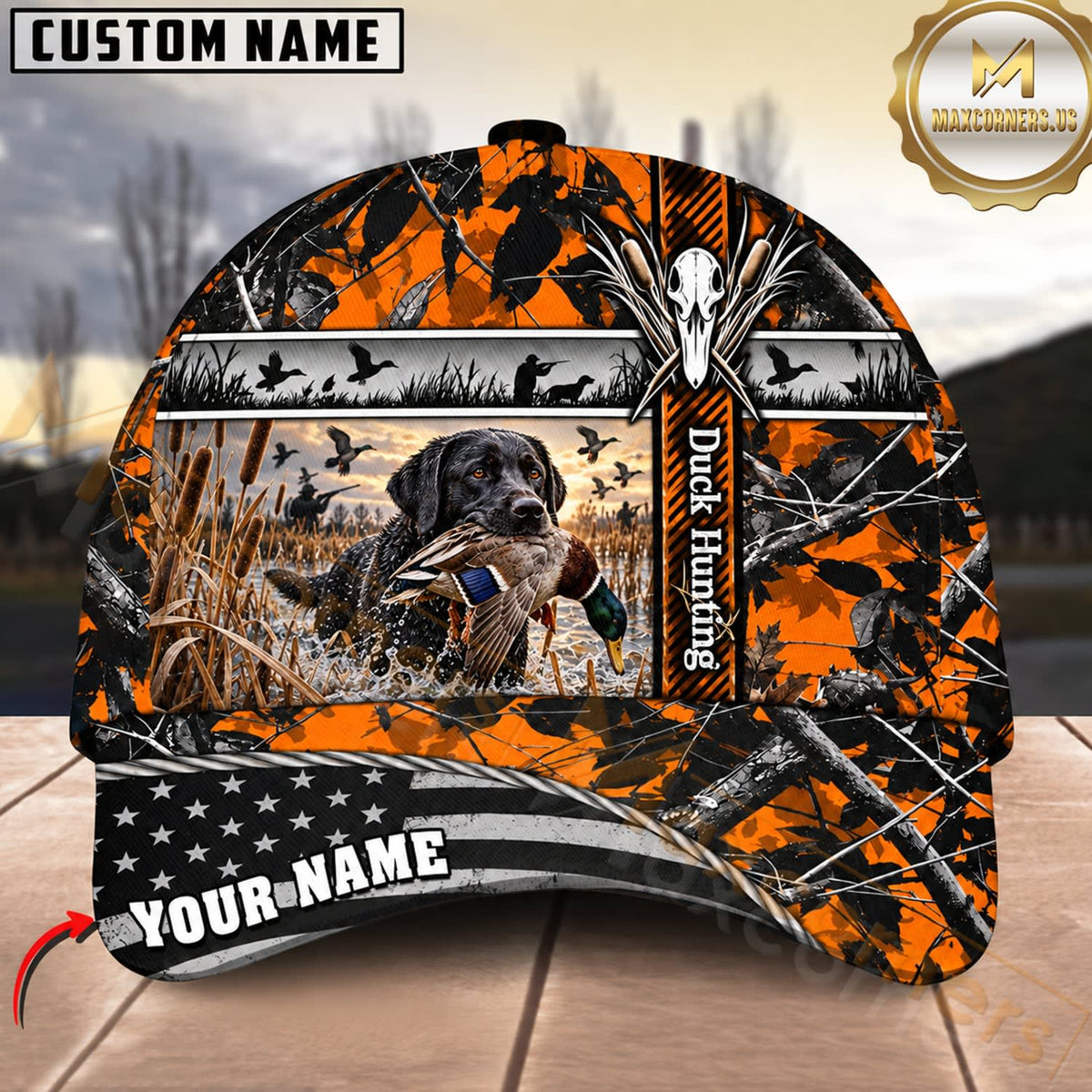 Maxcorners Dog Hunting And Duck Orange Black Geometric Camo Hunting Scene Multiple Options Personalized Name 3D Cap