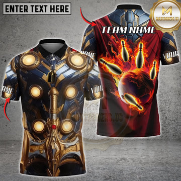 Maxcorners Bowling Black Gold Mechanical Armor Flaming Hand Personalized Name 3D Unisex Shirt