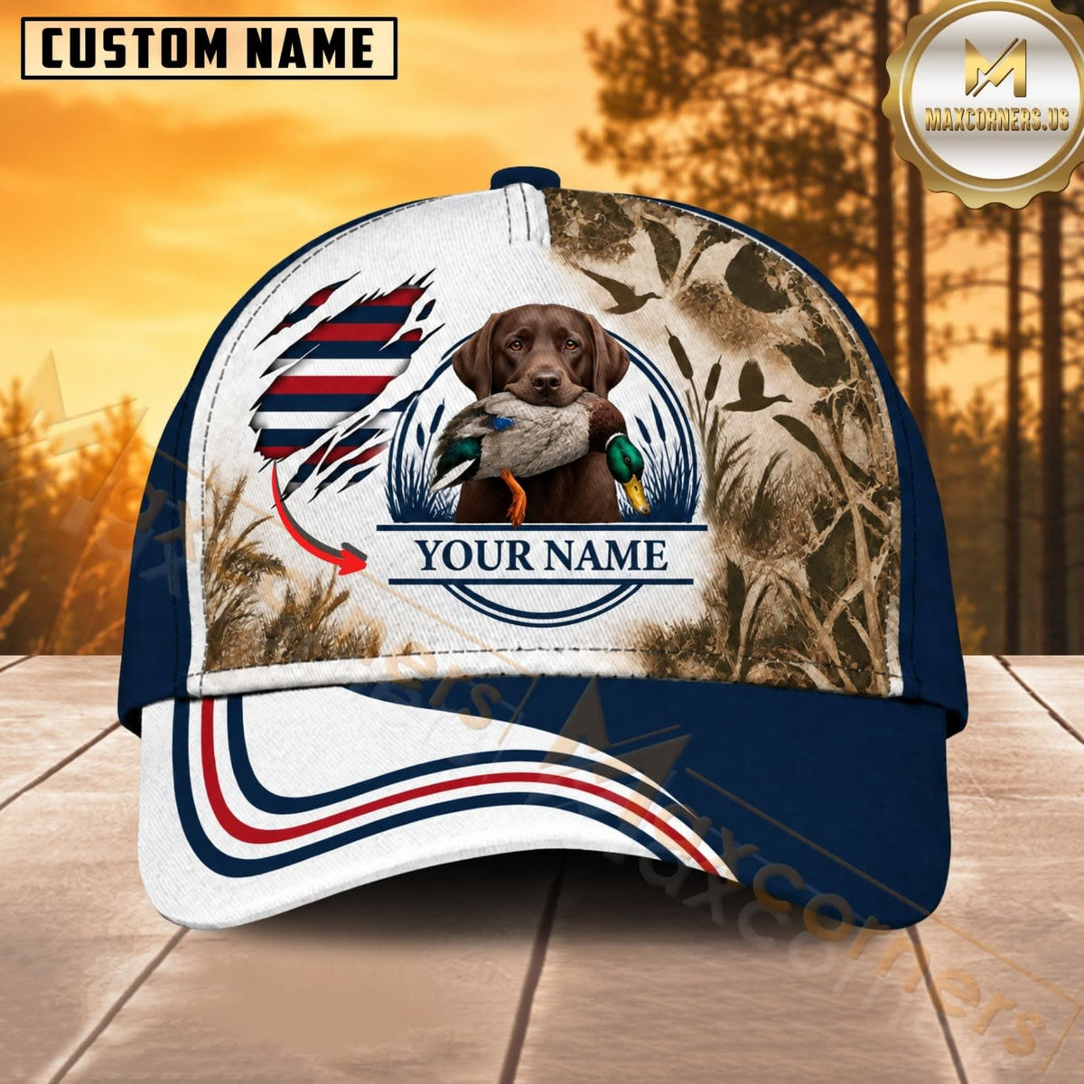 Maxcorners Dog Hunting And Duck Navy Blue White Camo American Flag Wave Personalized Name 3D Cap