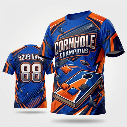 Maxcorners Cornhole Champions Orange Blue Sport Personalized Name 3D Unisex Shirt