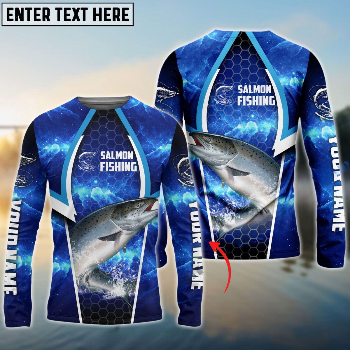 Maxcorners Salmon Fishing Blue Galaxy Personalized Name, Team Name 3D Long Sleeve Shirt