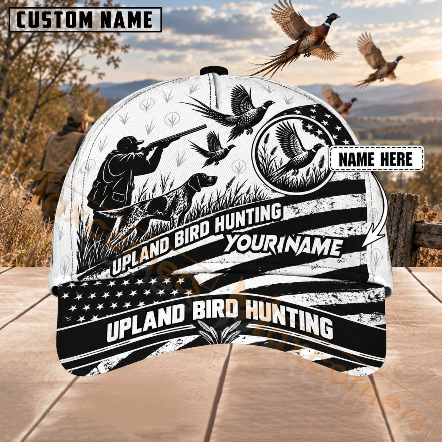Maxcorners Upland Bird Hunting Monochrome Pheasant & Feather Personalized Name 3D Cap