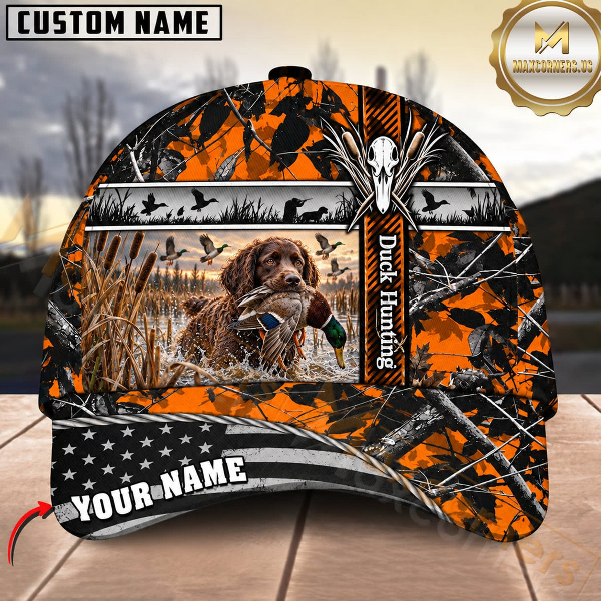 Maxcorners Dog Hunting And Duck Orange Black Geometric Camo Hunting Scene Multiple Options Personalized Name 3D Cap
