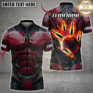 Maxcorners Bowling Dark Red Tactical Armor Flaming Hand Personalized Name 3D Unisex Shirt