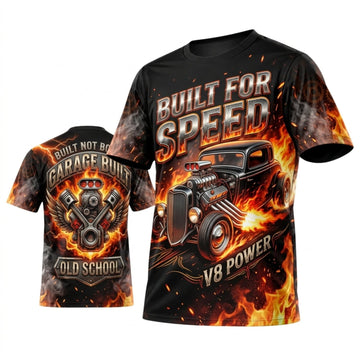 Maxcorners Personalized Car Classic Muscle Car 3D T-Shirt – Built For Speed Black Orange V8 Powered Hot Rod
