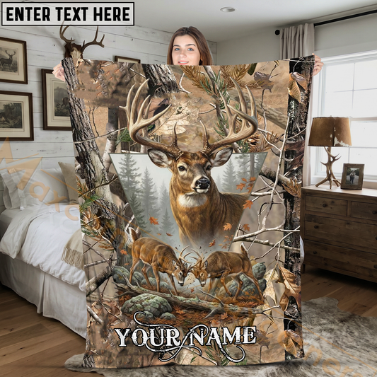Maxcorners Woodland Buck Clash Deer Hunting Camouflage Personalized 3D Blanket