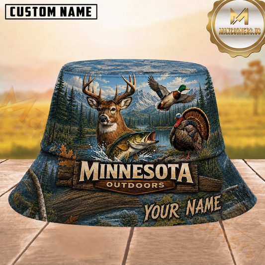 Maxcorners Hunting Minnesota Outdoor Wildlife Blue Lake And Mountain Landscape Personalized Name 3D Bucket Hat