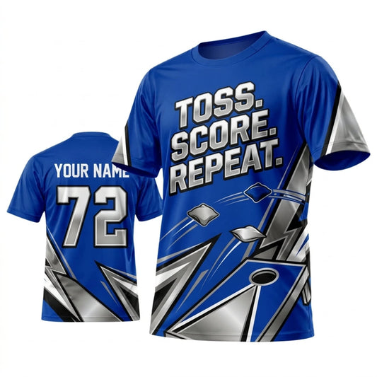 Maxcorners Cornhole Toss Score Repeat Blue Lightning Personalized Name 3D Unisex Shirt