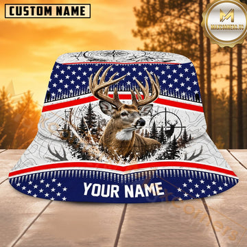 Maxcorners Hunting Dog Patriotic Snowy Field Personalized Name 3D Bucket Hat