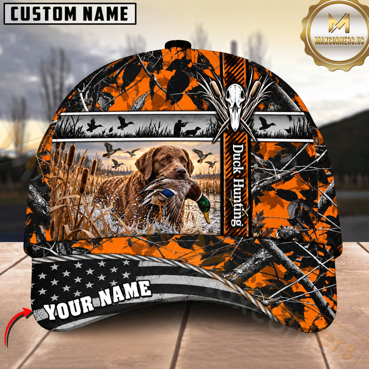 Maxcorners Dog Hunting And Duck Orange Black Geometric Camo Hunting Scene Multiple Options Personalized Name 3D Cap