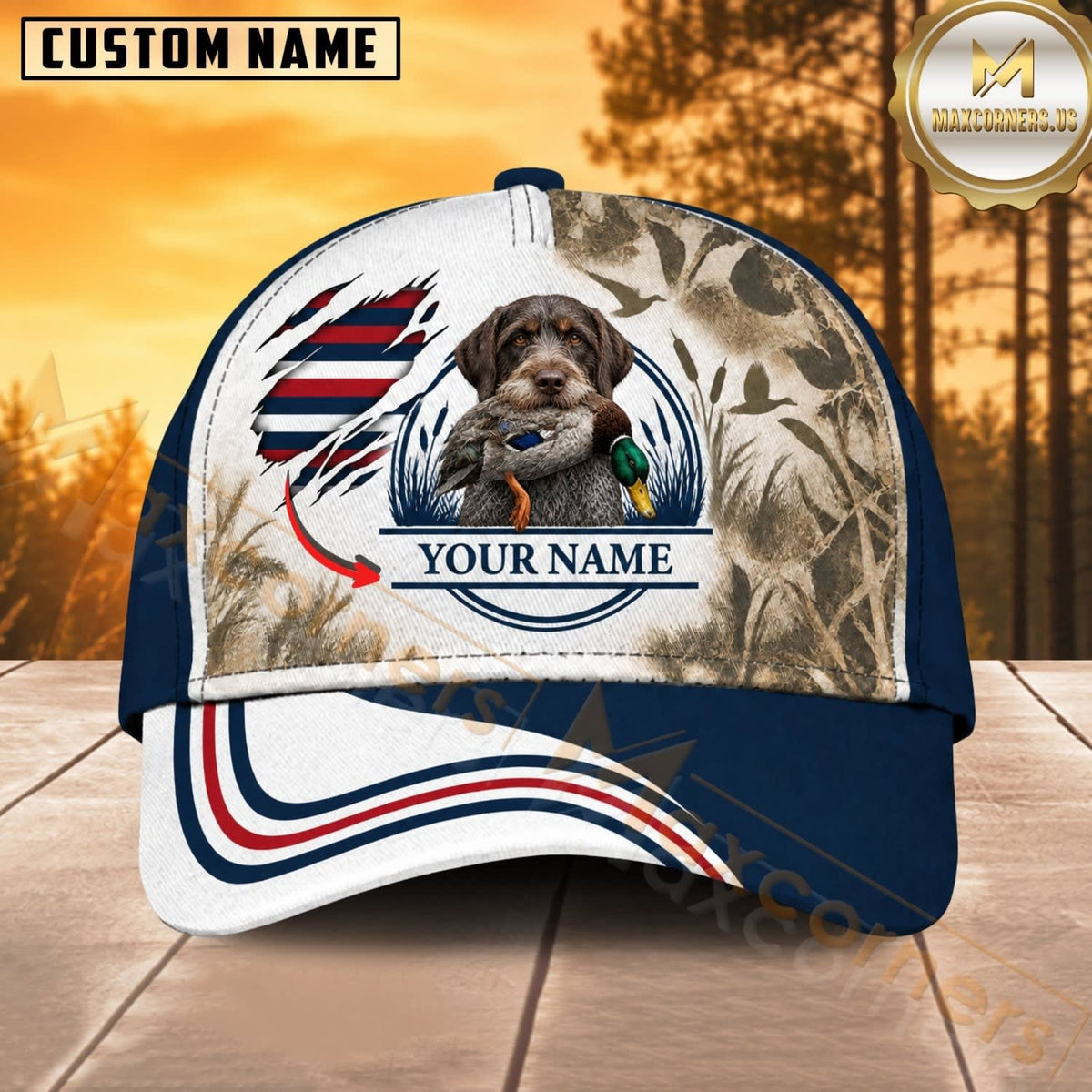 Maxcorners Dog Hunting And Duck Navy Blue White Camo American Flag Wave Personalized Name 3D Cap