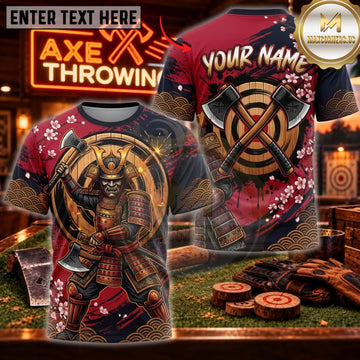 Maxcorners Axe Throwing Red Gold Samurai Warrior Personalized Name 3D Unisex Shirt