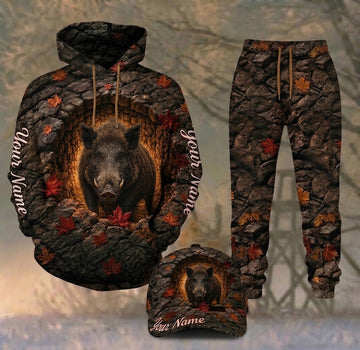 Maxcorners Hunting Boar Autumn Stone Cave Personalized 3D Combo Hoodie, Sweatpants Set & Cap