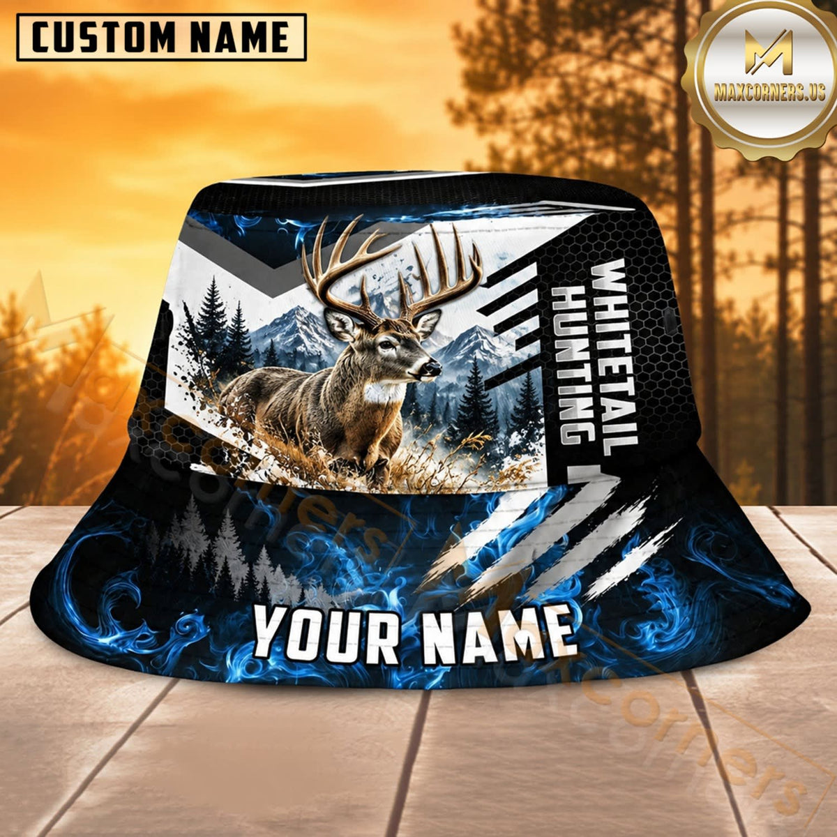 Maxcorners Deer Hunting Black Blue Wilderness Personalized Name 3D Bucket Hat