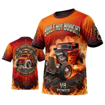 Maxcorners Personalized Car Classic Muscle Car 3D T-Shirt – Built Not Bought Orange Red V8 Muscle Power
