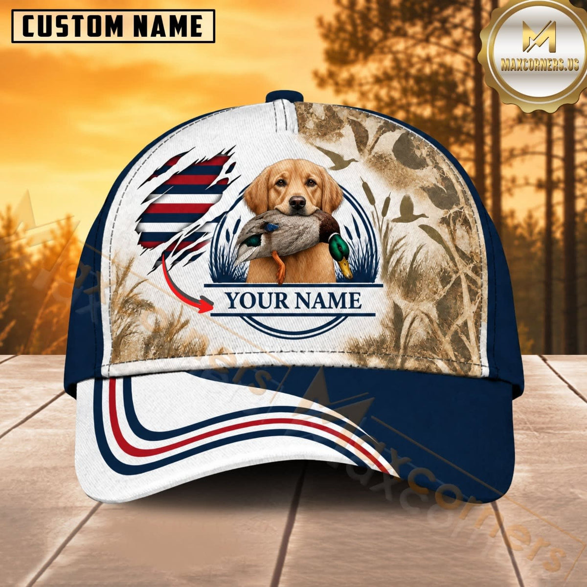 Maxcorners Dog Hunting And Duck Navy Blue White Camo American Flag Wave Personalized Name 3D Cap