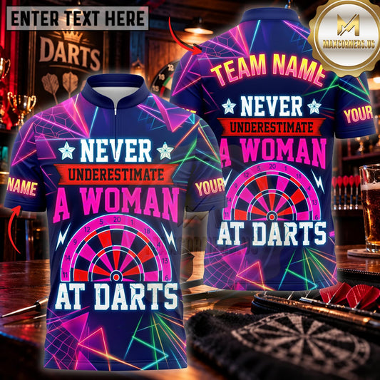 Maxcorners Darts Never Underestimate A Woman At Darts Neon Typography Personalized Name 3D Unisex Shirt