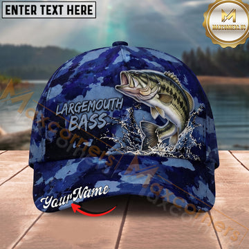 Maxcorners Fishing Splash Artwork Blue Camo Personalized Name 3D Cap (12 Fish Species)
