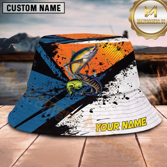 Maxcorners Fishing Orange Blue Graffiti Sport Collage Personalized 3D Bucket Hat