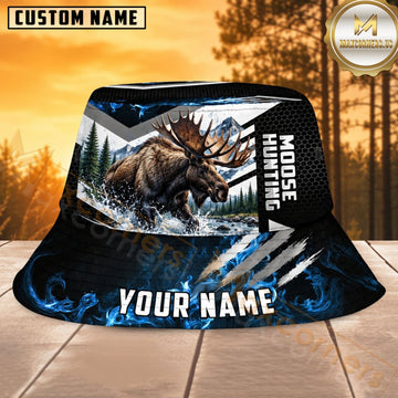 Maxcorners Moose Hunting Black Blue Mountain Personalized Name 3D Bucket Hat
