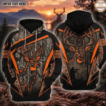 Maxcorners Deer Hunting Tree Camo Blaze Orange Buck Hunter Forest Silhouette Hoodie Personalized Your Name 3D Hoodie