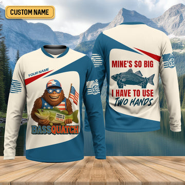 Maxcorners Bassquatch Mine's So Big I Have To Use Two Hands Patriotic Fishing Shirt, Funny Fishing Shirt