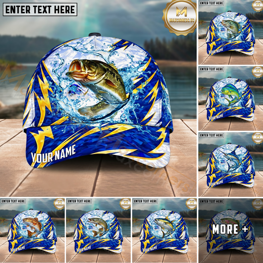 Maxcorners Fishing Lightning Splash Blue Pattern Personalized Name Classic 3D Cap (9 Breeds)