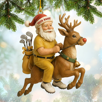 Maxcorners Yellow Personalized Golf Santa Ornament â€“ Custom Name Christmas Ornament â€“ Funny Golf Xmas Gift for Players, Santa Riding Reindeer Tree Decoration MT1611