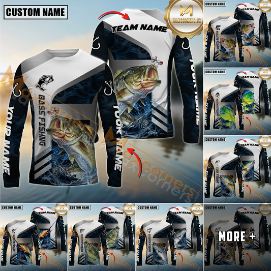 Maxcorners Fishing Blue Deep Wave Hook Personalized Name, Team Name Long Sleeve Shirt (8 Fish Species)