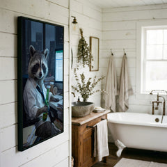 Maxcorners Raccoon Office Worker Holding Beer at Desk Late Night Canvas Wall Art