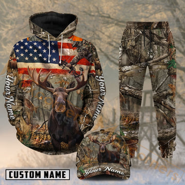 Maxcorners Hunting Moose American Flag Woodland Camo Personalized 3D Combo Hoodie, Sweatpants Set & Cap