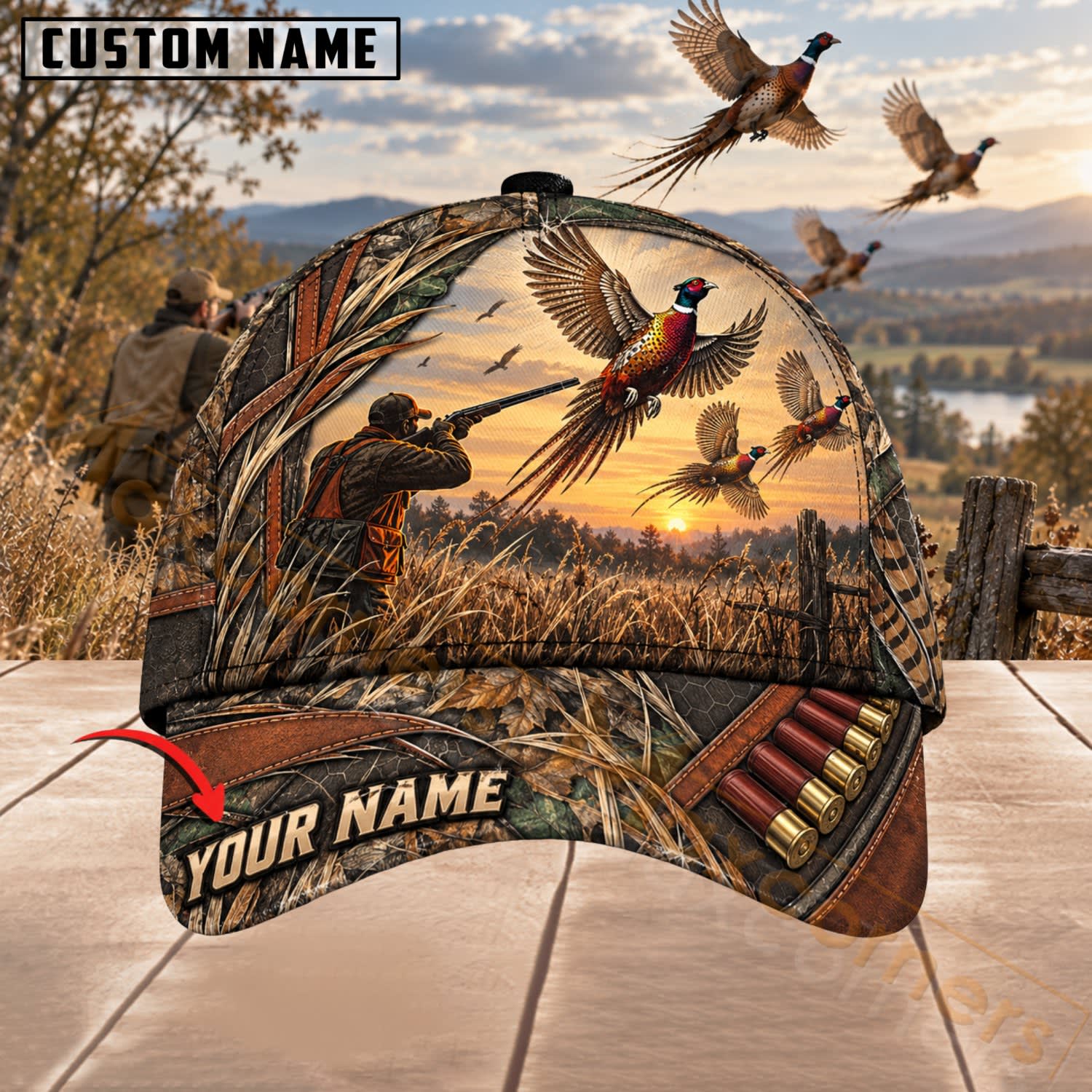 Maxcorners Upland Bird Hunting Sunset Hunter & Flying Pheasants Personalized Name 3D Cap