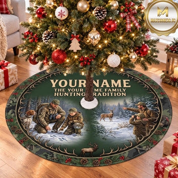 Maxcorners Hunting Deer Family Tradition Winter Forest Personalized Name 3D Christmas Tree Skirt