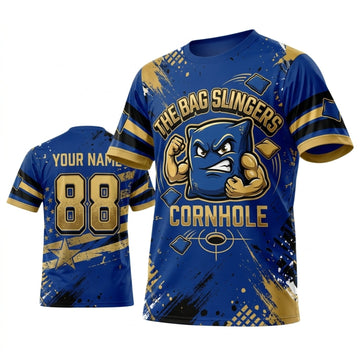 Maxcorners Cornhole Bag Slingers Blue Gold Mascot Personalized Name 3D Unisex Shirt