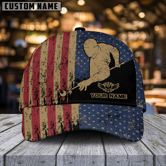 Maxcorners Billiards USA Flag Vintage Personalized Name 3D Cap