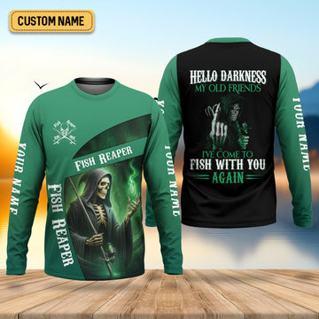 Maxcorners Fish Reaper Fishing UPF Shirts, Best Fishing Gifts, Custom Fishing Shirt, Hello Darkness My Old Friend