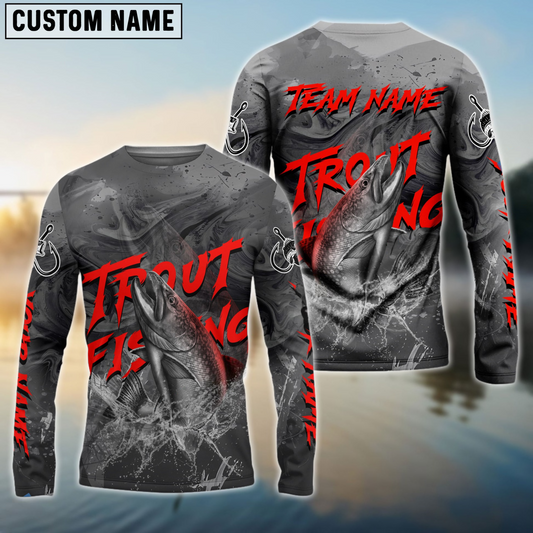 Maxcorners Trout Fishing Gray Blur Personalized Name, Team Name 3D Shirt