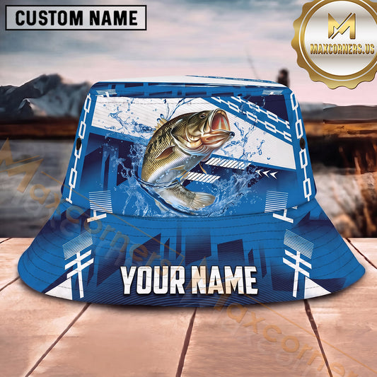Maxcorners Fishing Blue Tech Geometric Water Splash Personalized 3D Bucket Hat (13 Fish Species)