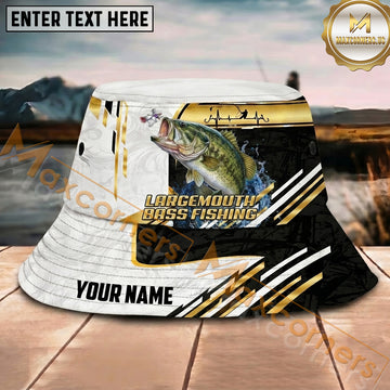 Maxcorners Fishing White Gold Geometric Sport Personalized Name 3D Bucket Hat (12 Fish Species)