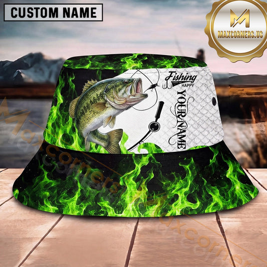 Maxcorners Fishing Vibrant Green Flame Fishing Action with Bold Graphic Personalized Name 3D Bucket Hat (13 Fish Species)