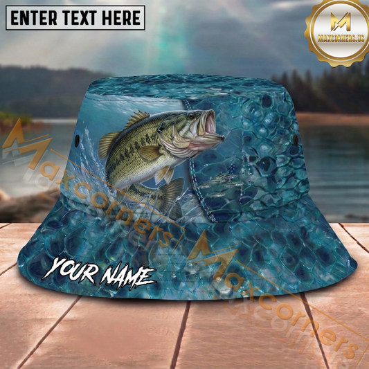 Maxcorners Fishing Aqua Water Scale Personalized Name 3D Bucket Hat (12 Fish Species)