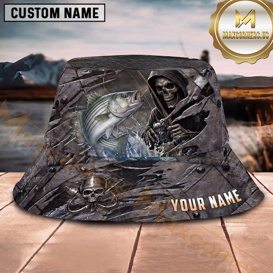 Maxcorners Fishing Blue Water Camo Fishing Illustration Personalized Name 3D Bucket Hat (13 Fish Species)