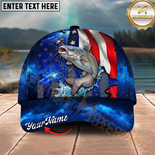 Maxcorners Fishing American Flag Galaxy Personalized Name 3D Cap (12 Fish Species)