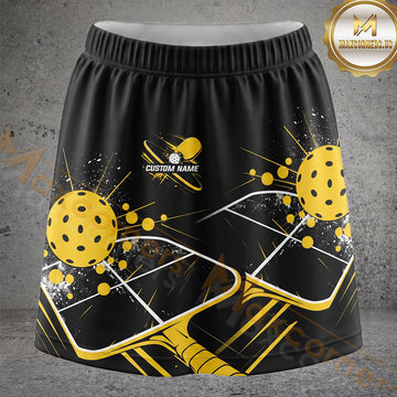 Maxcorners Pickleball Black Gold Paddle Line Art Personalized 3D Skort, Skirts With Shorts